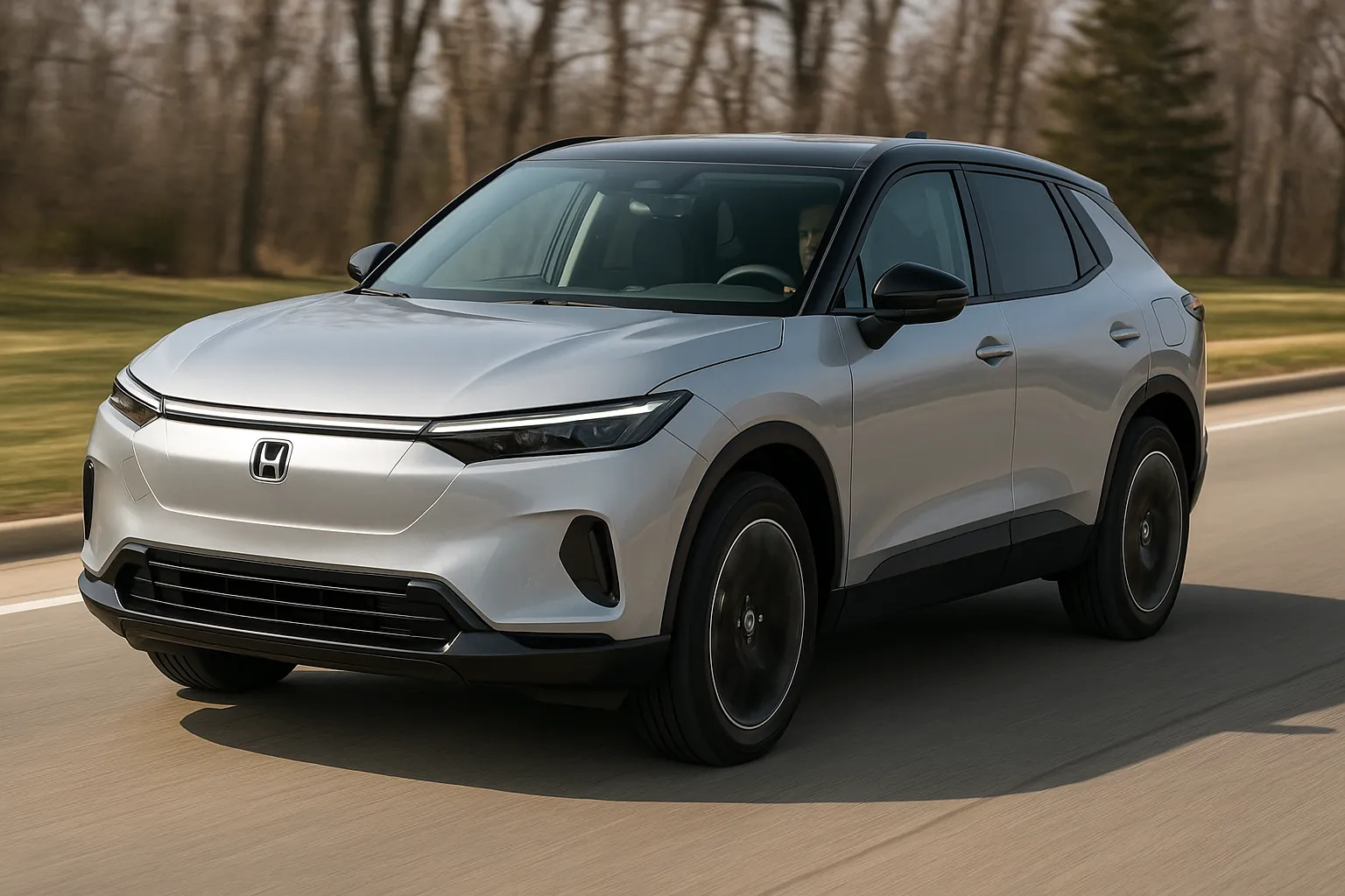 Honda Prologue Elektro-SUV fährt auf einer befestigten Straße mit Bäumen und Bergen im Hintergrund