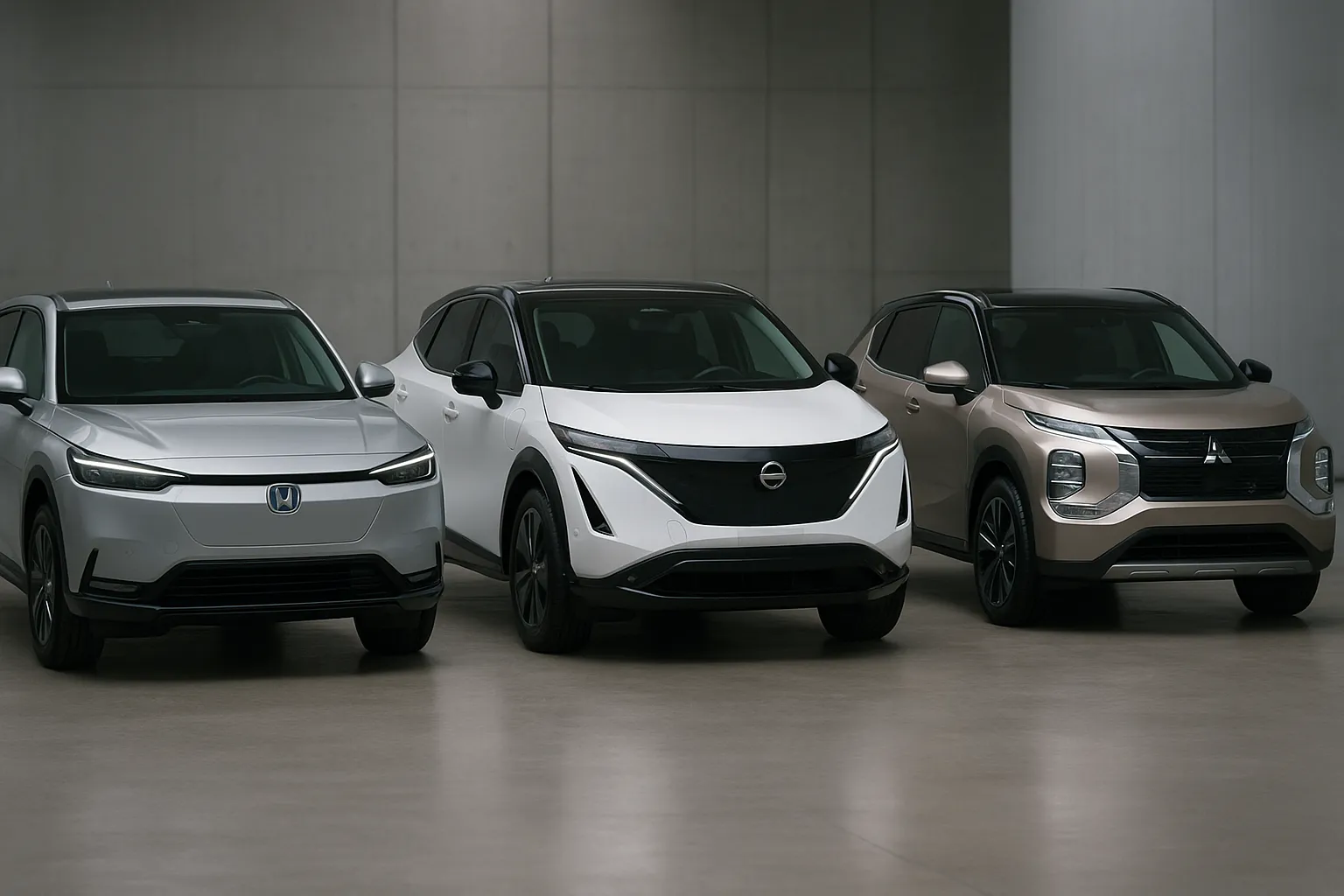 Fahrzeuge von Honda, Nissan und Mitsubishi gemeinsam in einer modernen Studioumgebung geparkt