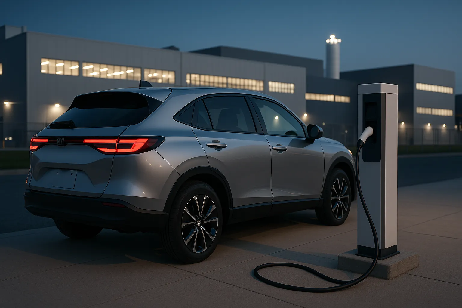Honda-Elektrofahrzeug in der Dämmerung nahe einer modernen Batteriefertigungsanlage geparkt, unterstützendes Bild 2