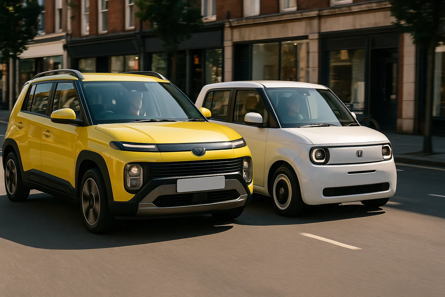 Hyundai Inster and Honda Super-N as compact electric city cars on an urban street