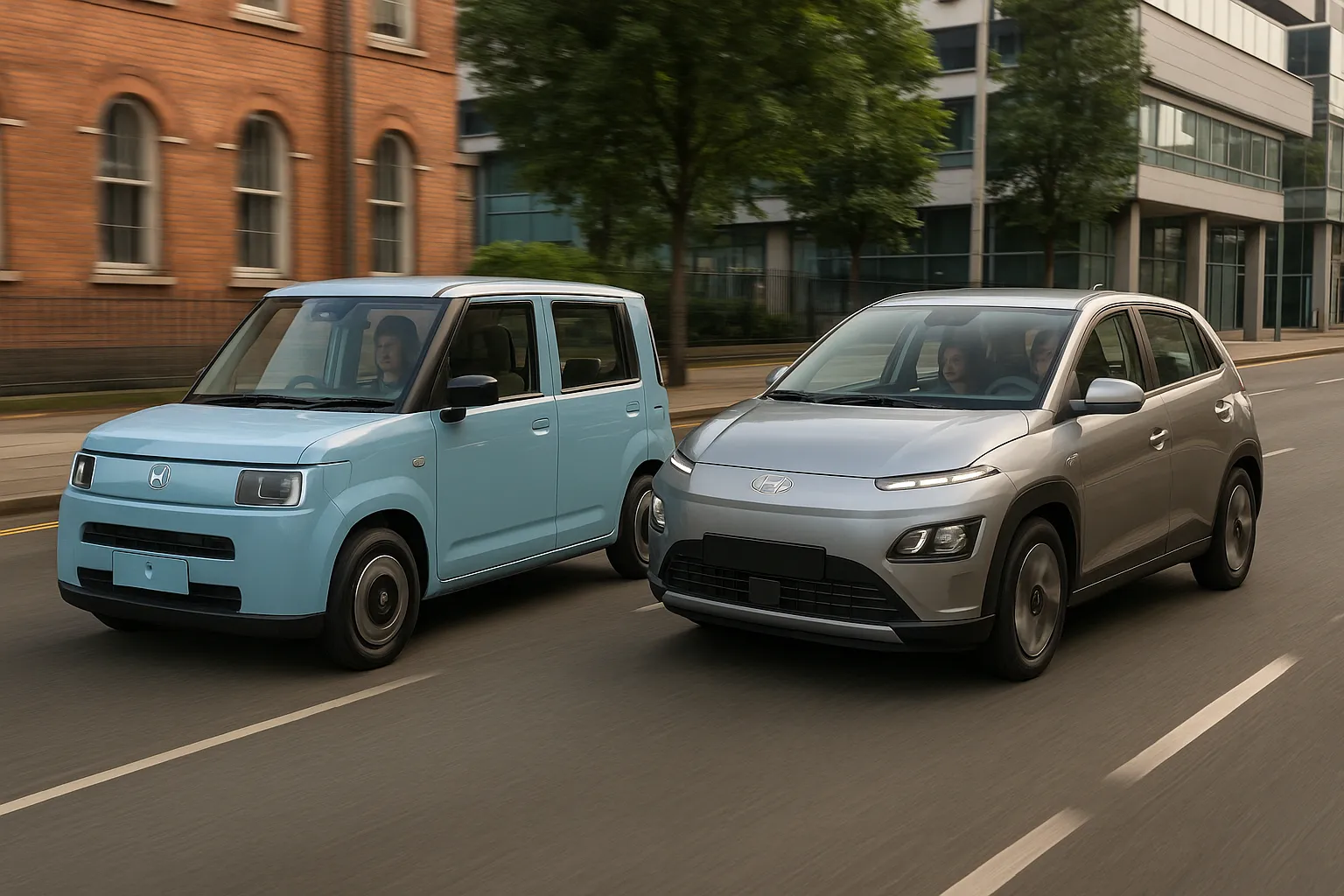 Hyundai Inster and Honda Super-N as compact electric city cars on an urban street supporting image 2