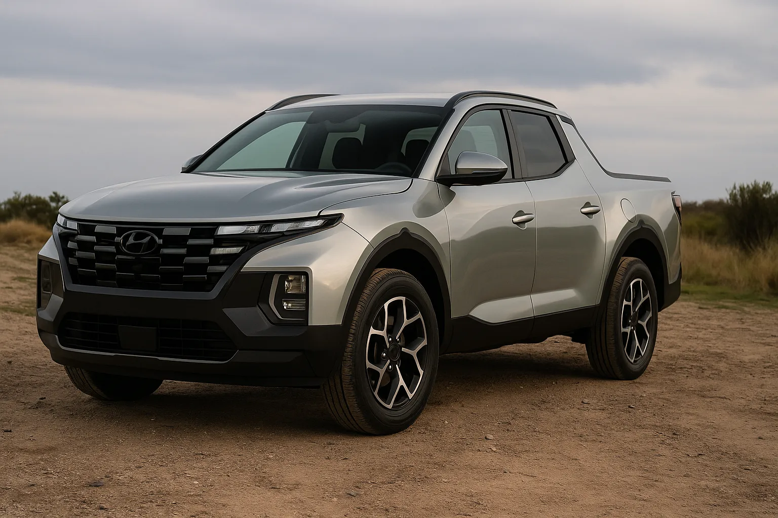 Hyundai Santa Cruz auf einem Feldweg mit Bergen im Hintergrund geparkt, als Darstellung von Hyundais aktuellem US-Pickup-Angebot