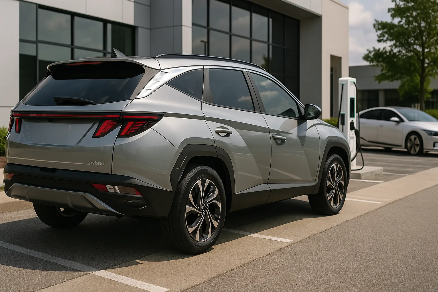 Hyundai Tucson Hybrid and Ioniq 5 parked outside a modern dealership at sunset supporting image 2