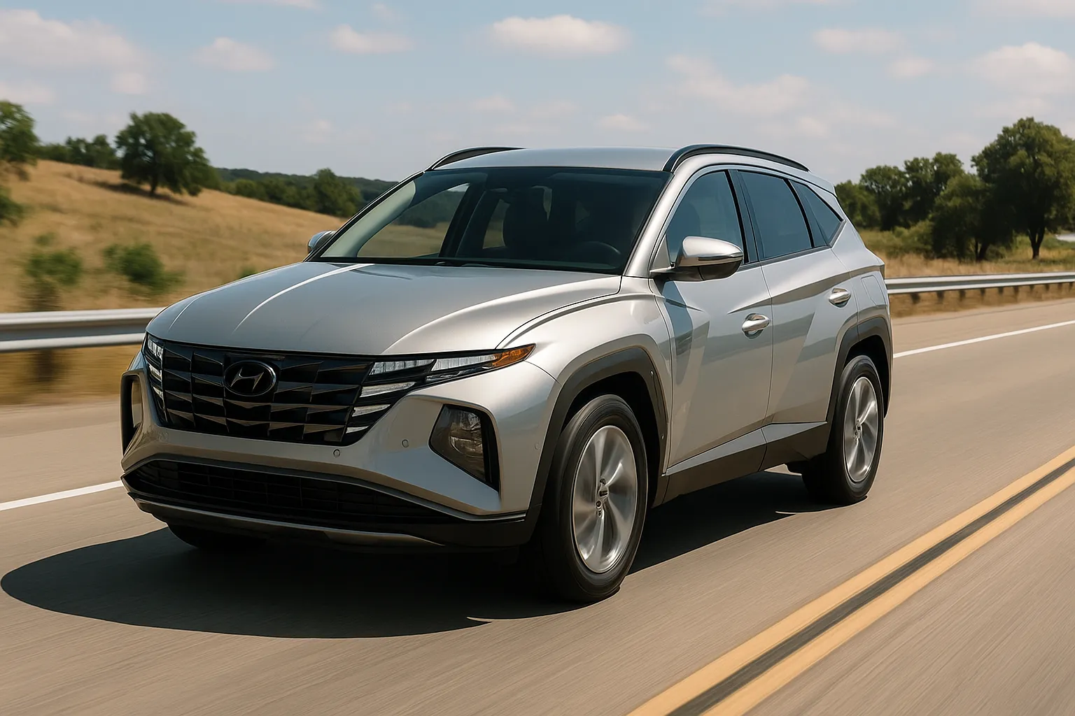 Hyundai Tucson Hybrid driving on a two-lane road with mountains in the background