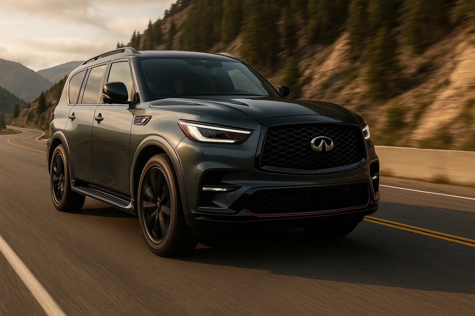 Infiniti QX80 Luxus-SUV fährt auf einer Straße mit einer Stadtsilhouette im Hintergrund
