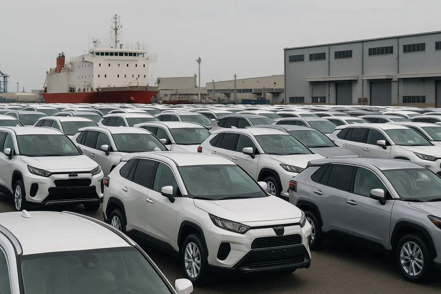 Rows of newly built Honda and Toyota vehicles parked at a Japanese port awaiting shipment