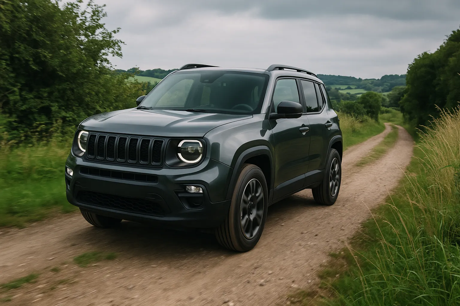 Kompaktes Jeep-SUV fährt auf einer europäischen Bergstraße mit rauer Landschaft im Hintergrund