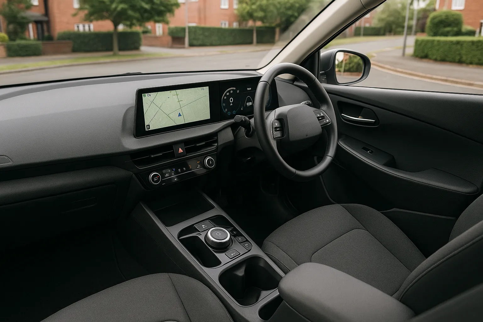 Kia EV2 small electric SUV driving on a UK road in a city setting supporting image 1