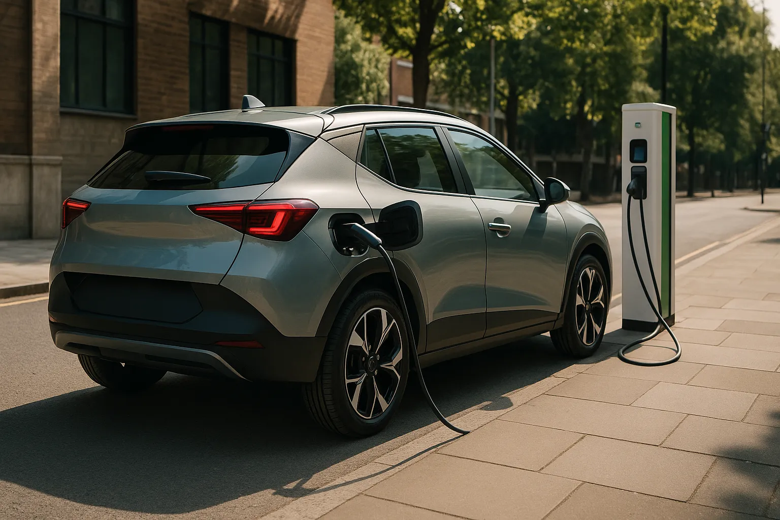 Kia EV2 small electric SUV driving on a UK road in a city setting supporting image 2