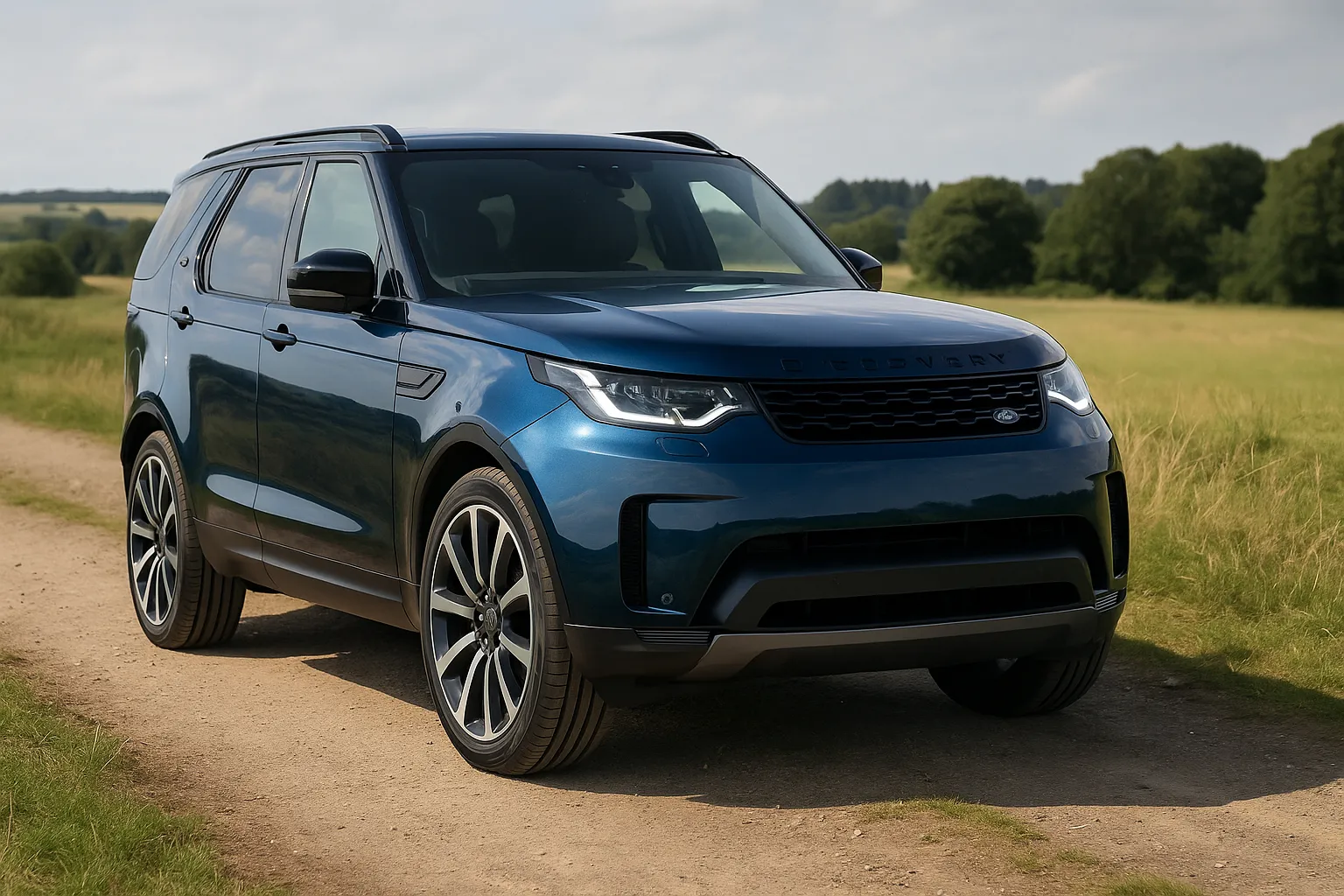 Land Rover Discovery Landmark in Tasman Blue auf einer Landstraße