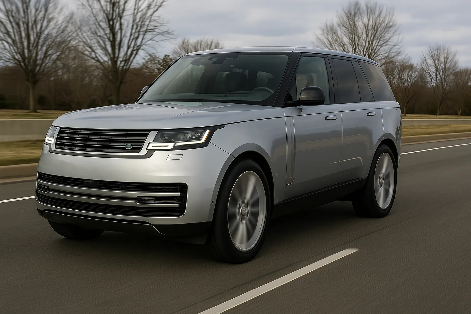 Ein Range Rover-SUV eines neueren Modelljahres fährt auf einer asphaltierten Straße, gezeigt aus der vorderen Dreiviertelperspektive
