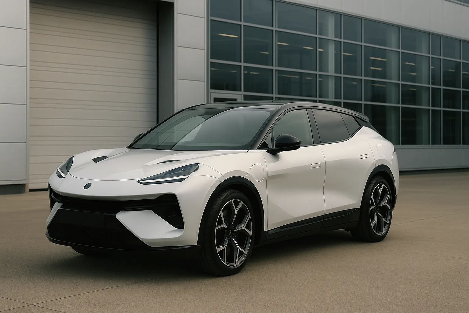 Elektrischer Lotus Eletre-SUV vor einer modernen Automobil-Produktionsanlage geparkt