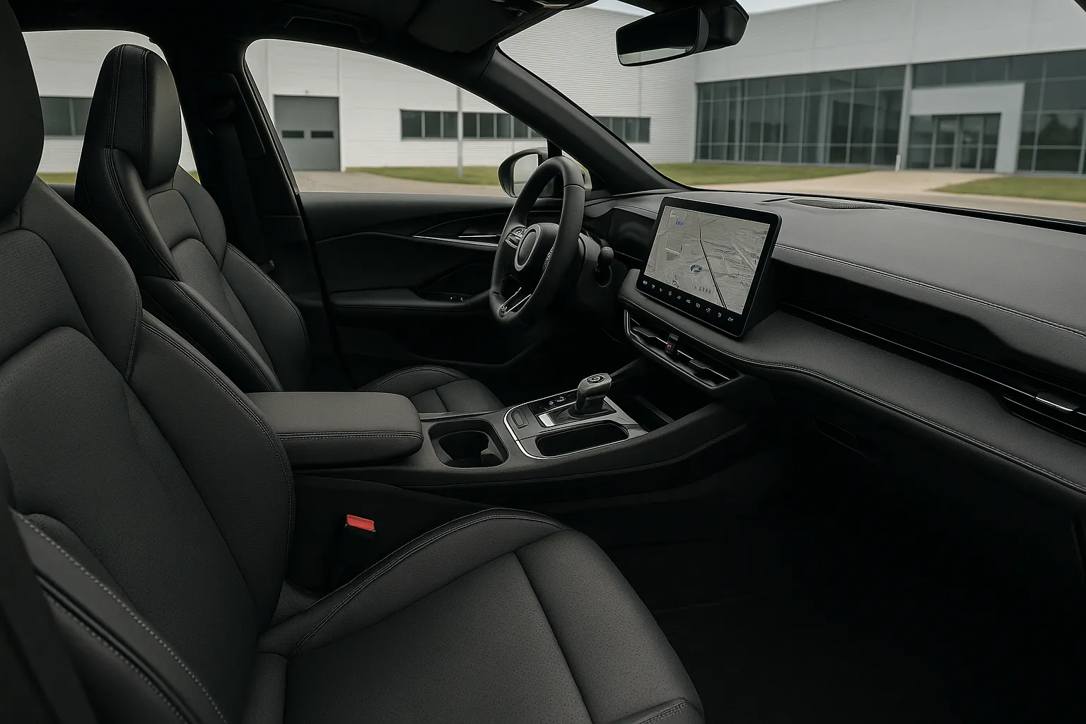 Elektrischer Lotus Eletre-SUV vor einer modernen Automobil-Produktionsanlage geparkt, unterstützendes Bild 1