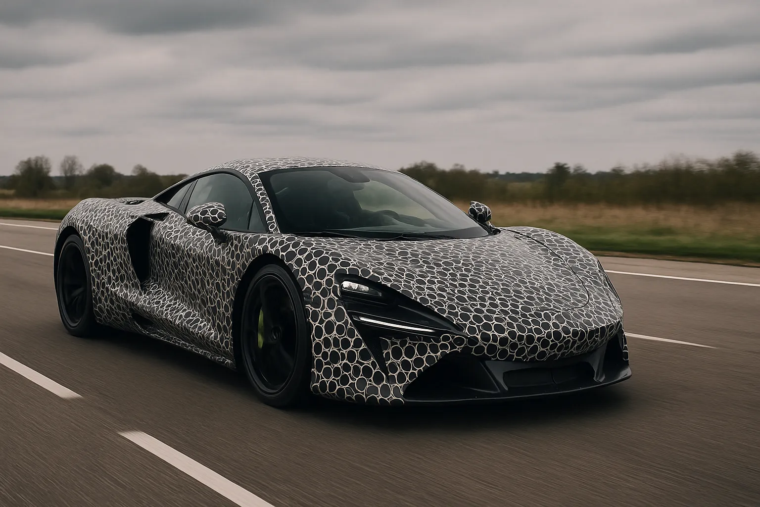 McLaren-Hypercar-Prototyp fährt bei Sonnenuntergang auf einer kurvigen Bergstraße
