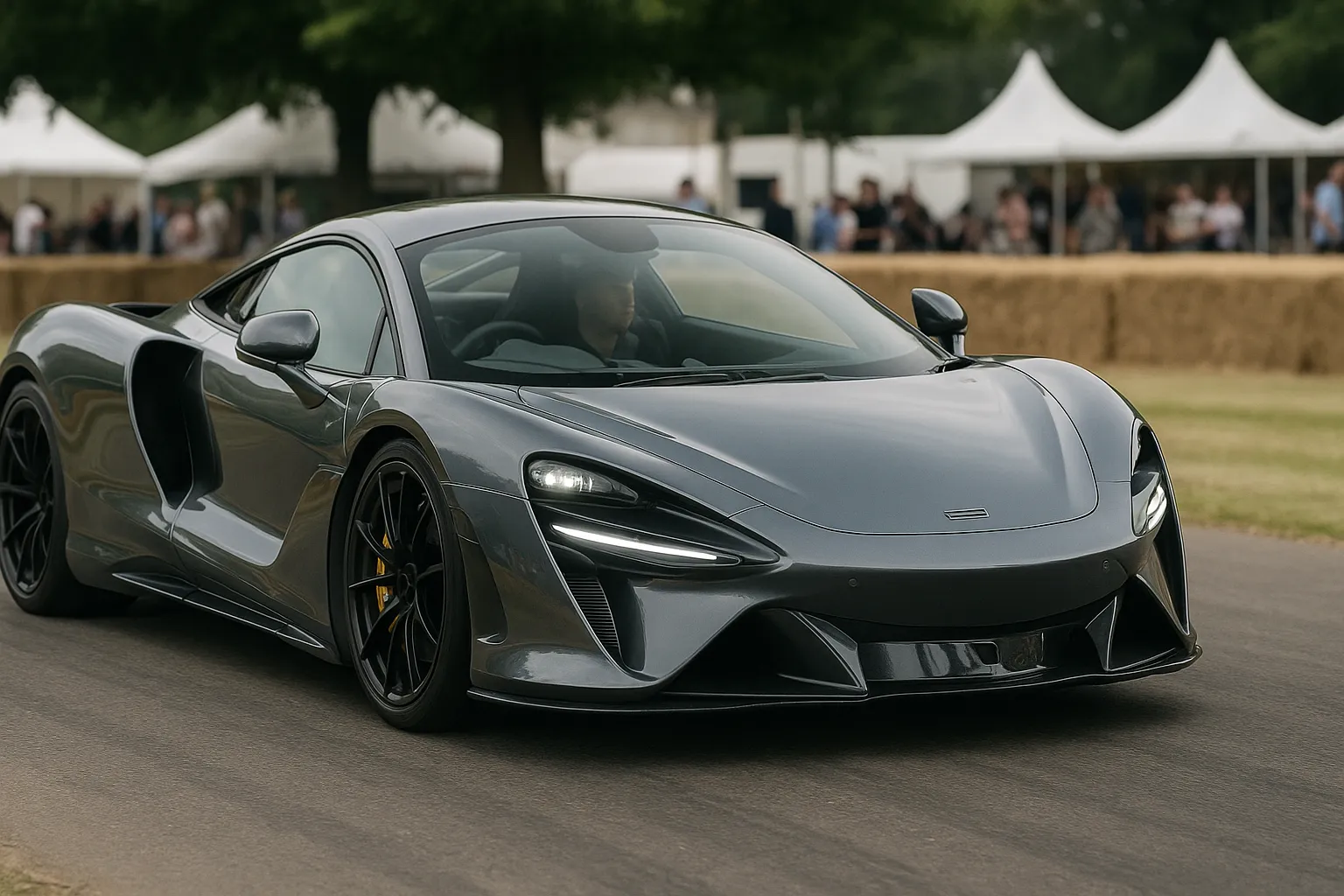 McLaren supercar displayed at Goodwood Festival of Speed with crowds and paddock buildings in the background