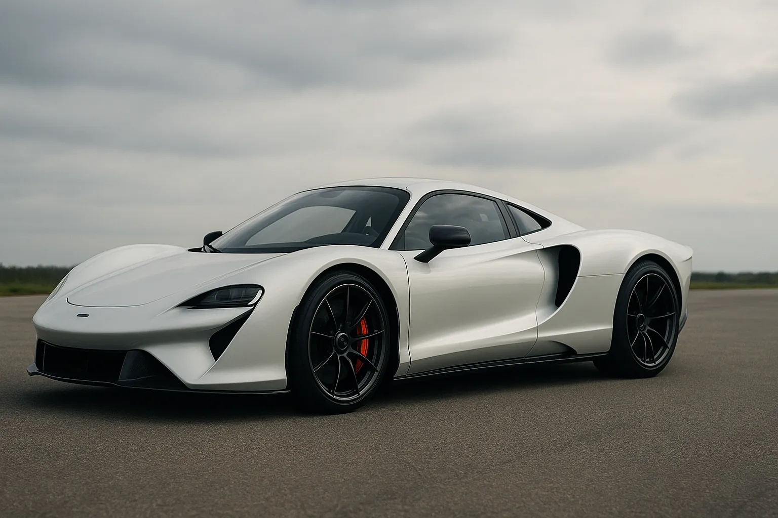 Low-slung McLaren supercar silhouette inspired by the classic M6GT, shown in a studio-like setting