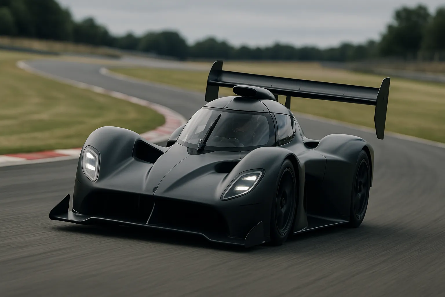 Elektrischer McMurtry Spéirling Pure Track-Hypercar mit dunkler Karosserie beim Kurvenfahren auf einer Rennstrecke