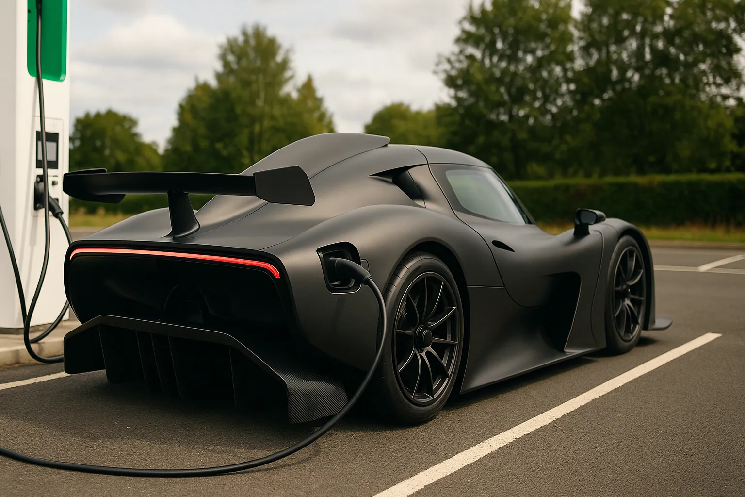 Elektrischer McMurtry Spéirling Pure Track-Hypercar mit dunkler Karosserie beim Kurvenfahren auf einer Rennstrecke, unterstützendes Bild 2