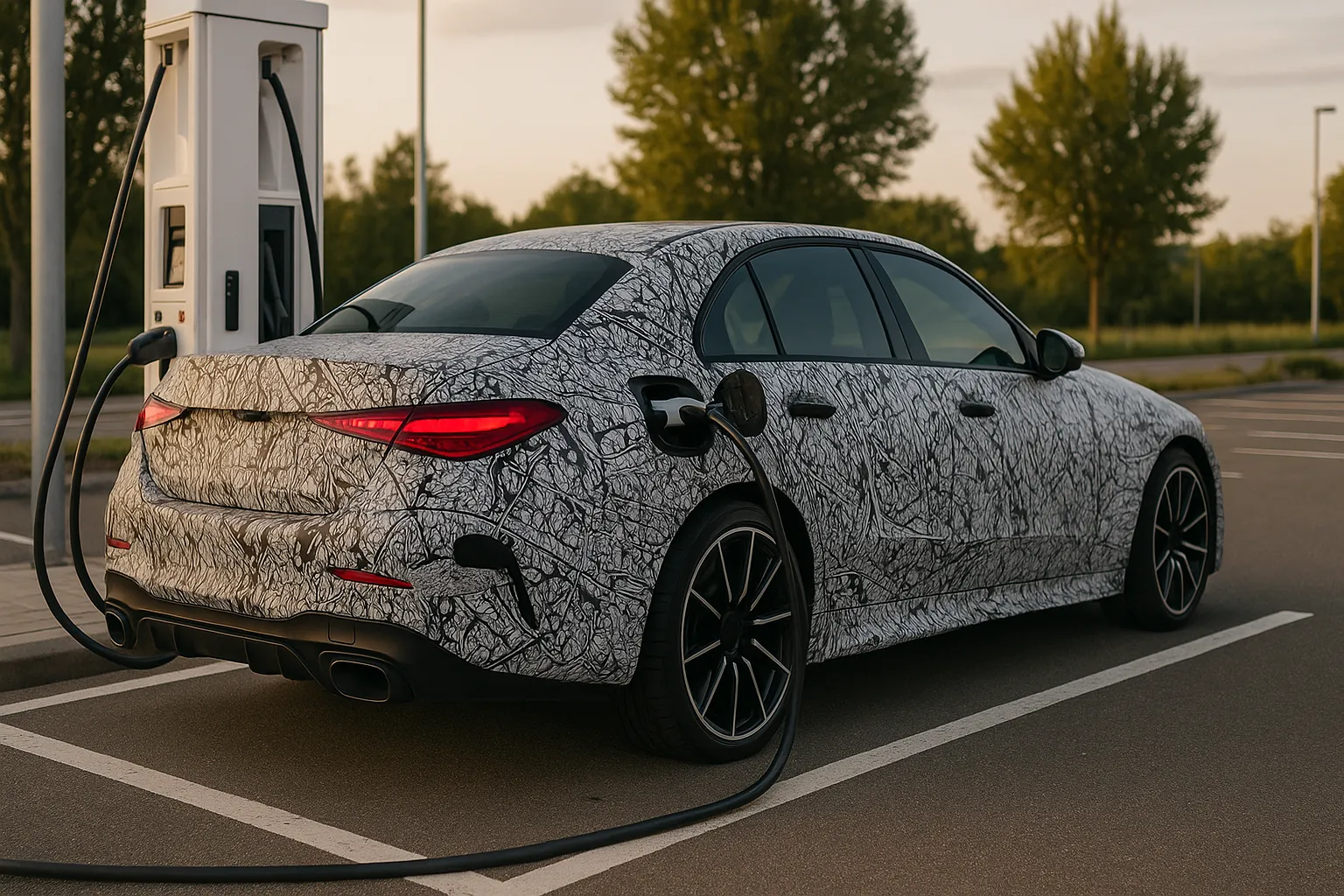 Camouflaged Mercedes-AMG C 63 Electric prototype testing on a public road with wide arches and large wheels supporting image 2