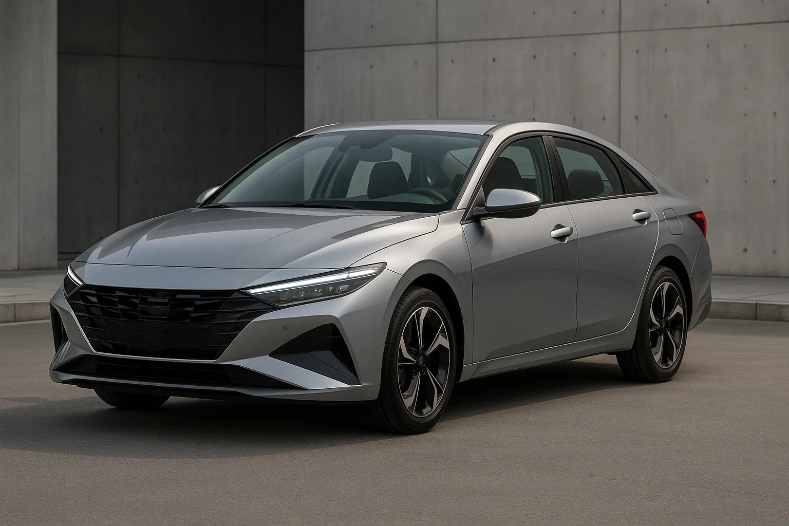 Vorschau auf neue Hyundai Avante Limousine mit scharfer Frontbeleuchtung, niedriger Nase und modellierten Radhäusern