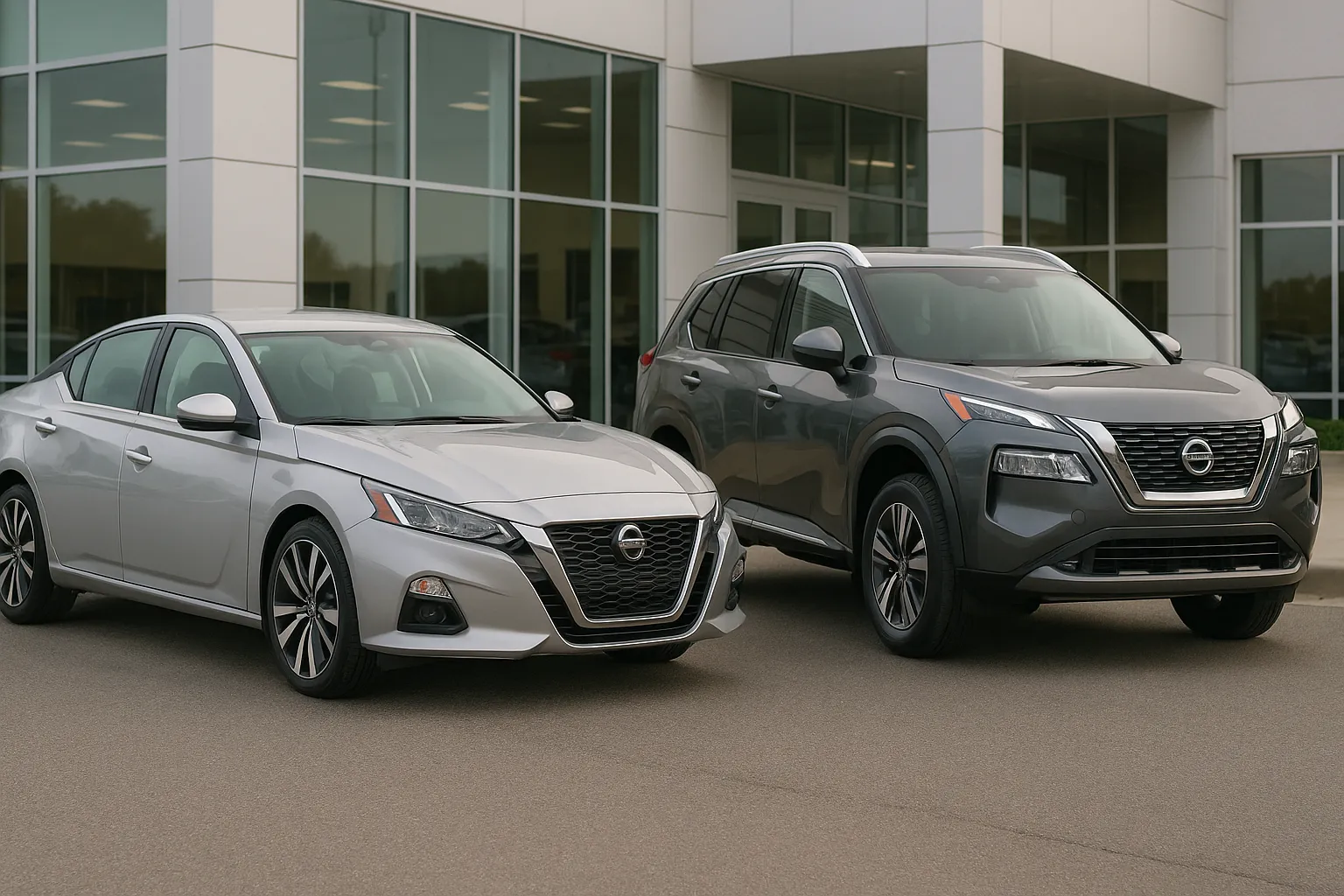 Nissan Altima Limousine neben einem Nissan Rogue SUV auf einem Händlergelände geparkt