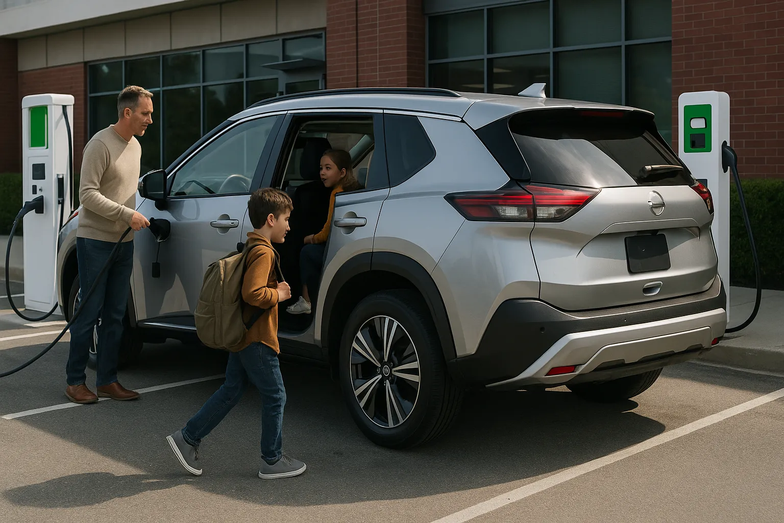 Nissan Altima Limousine neben einem Nissan Rogue SUV auf einem Händlergelände geparkt, unterstützendes Bild 2