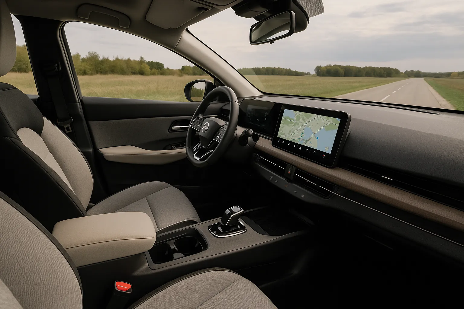 Nissan-Prototyp eines elektrischen Crossovers wird in der Dämmerung auf einer Teststraße erprobt, unterstützendes Bild 1