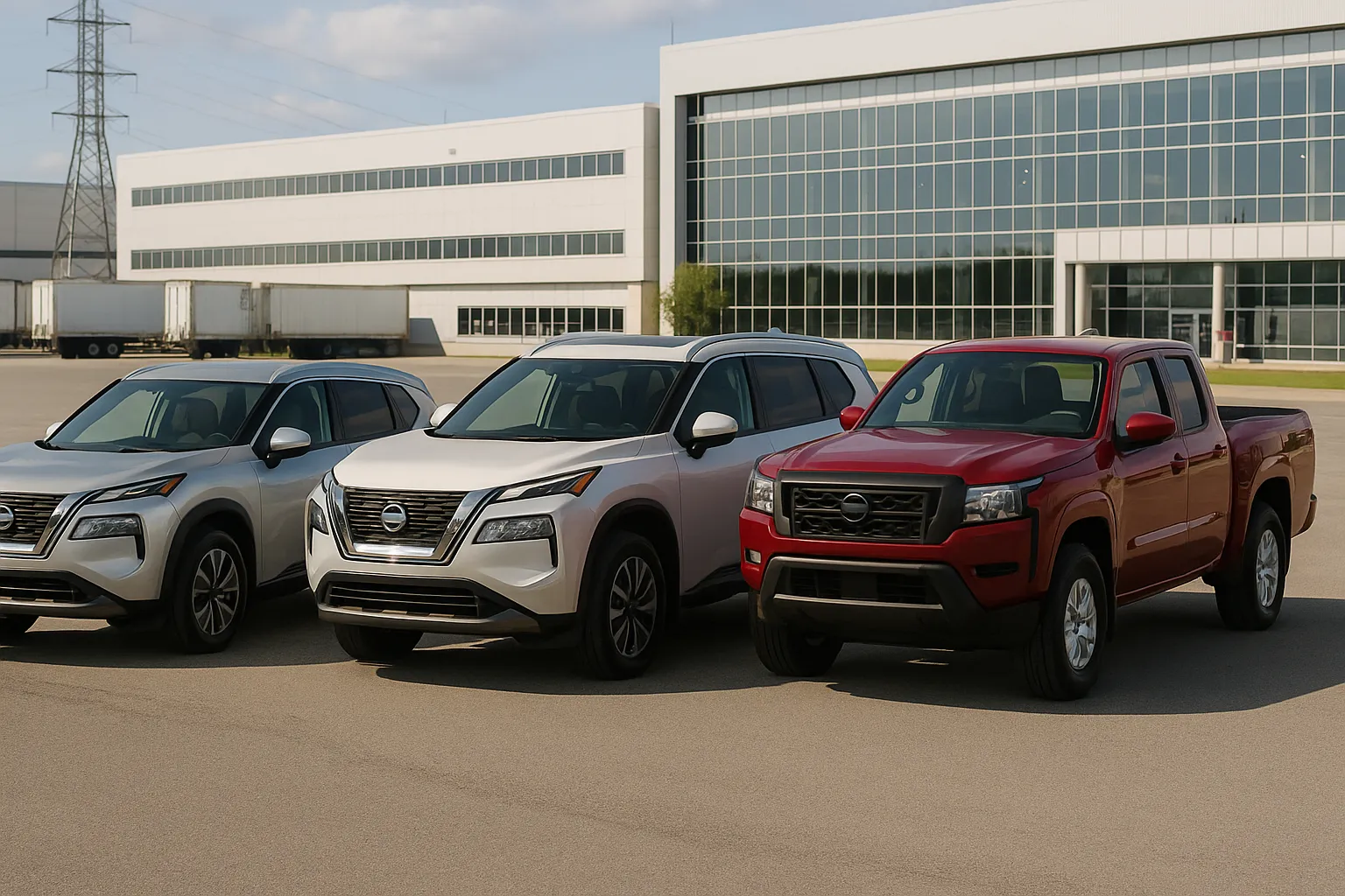 Nissan Rogue, Pathfinder and Frontier vehicles lined up outside a North American assembly plant