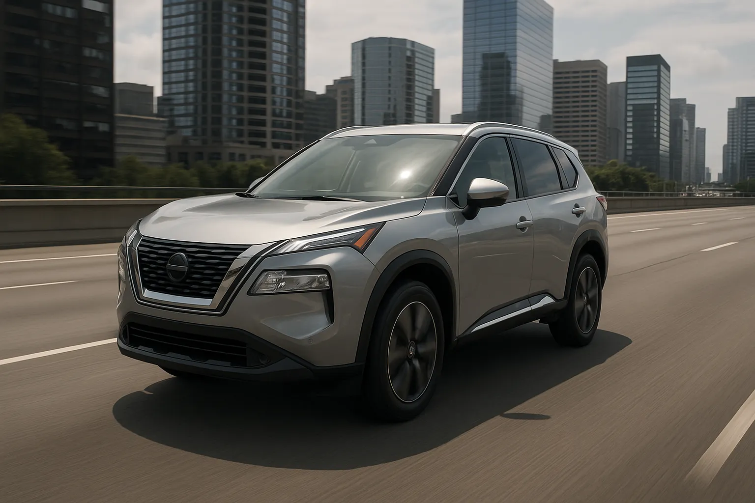 A modern Nissan crossover driving on a city road at sunset