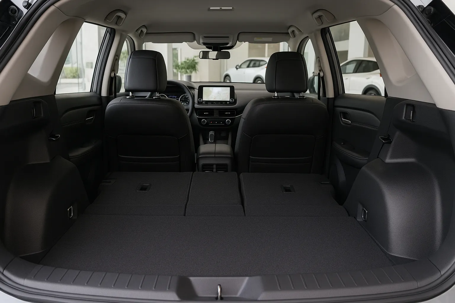 Nissan-Fahrzeuge in einem modernen Showroom mit einem neuen Crossover im Vordergrund, unterstützendes Bild 1