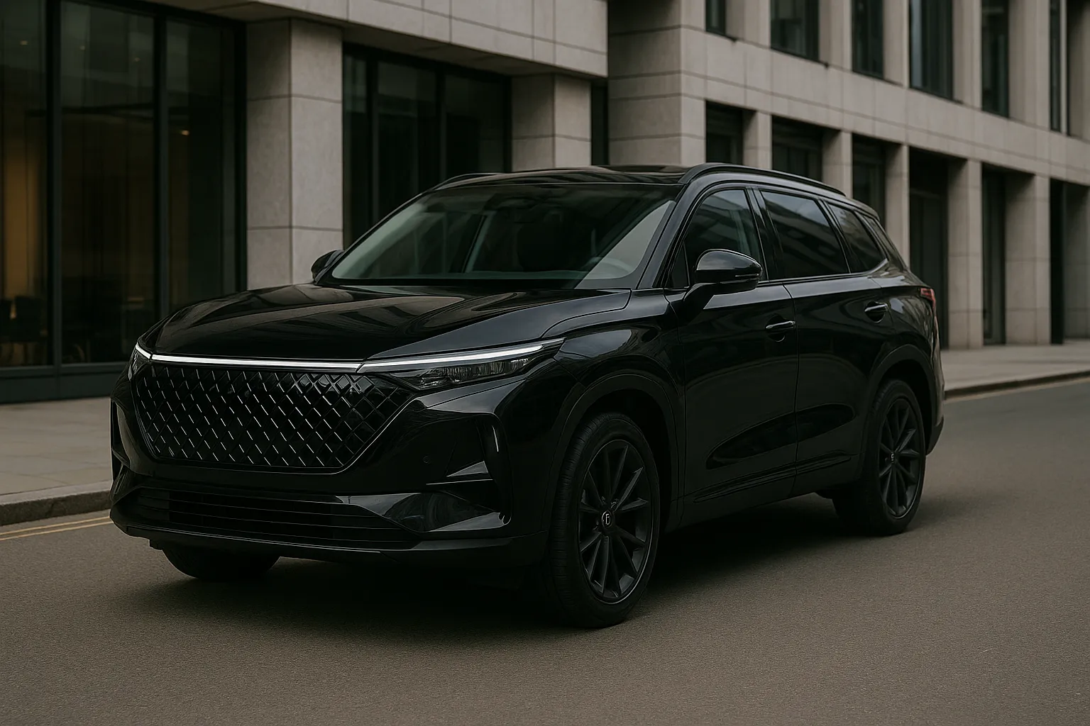 Schwarzes Omoda 9 Plug-in-Hybrid-SUV in Front-Dreiviertelansicht auf einer Straße