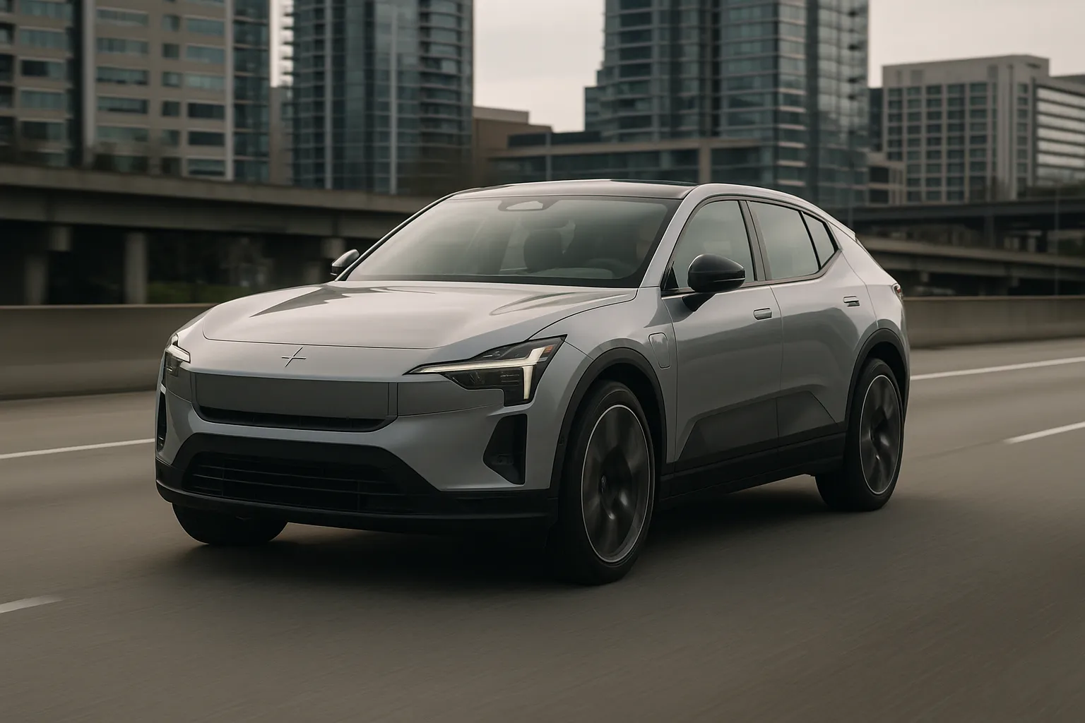 Elektrischer Polestar-SUV fährt auf einer Stadtstraße mit modernen Gebäuden im Hintergrund
