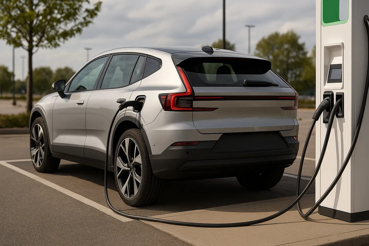 Polestar 3 electric SUV driving on a road with a modern industrial backdrop supporting image 2