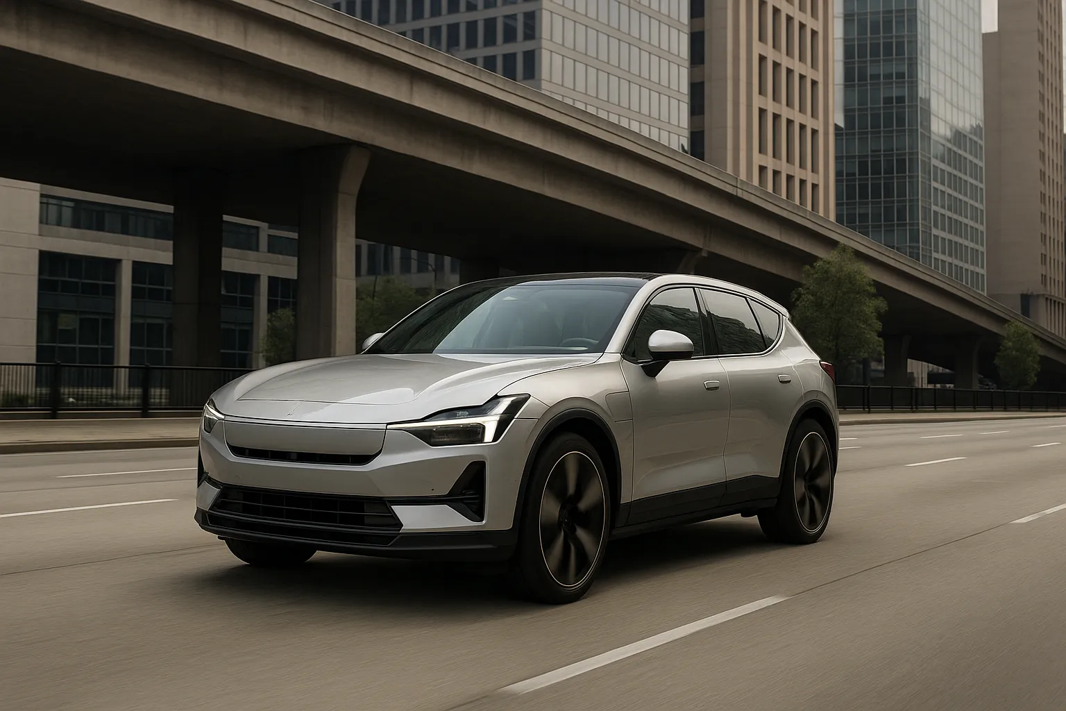 Polestar Elektro-SUV fährt in der Dämmerung auf einer modernen Straße
