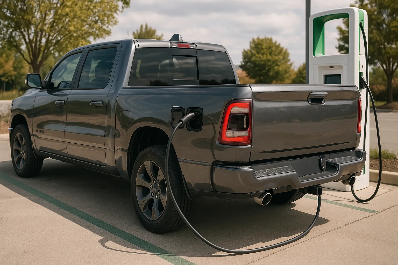 Ein Ram-1500-Pickup-Truck eines späten Modelljahrs fährt auf einer asphaltierten Straße, sichtbar in vorderer Dreiviertelansicht, unterstützendes Bild 2