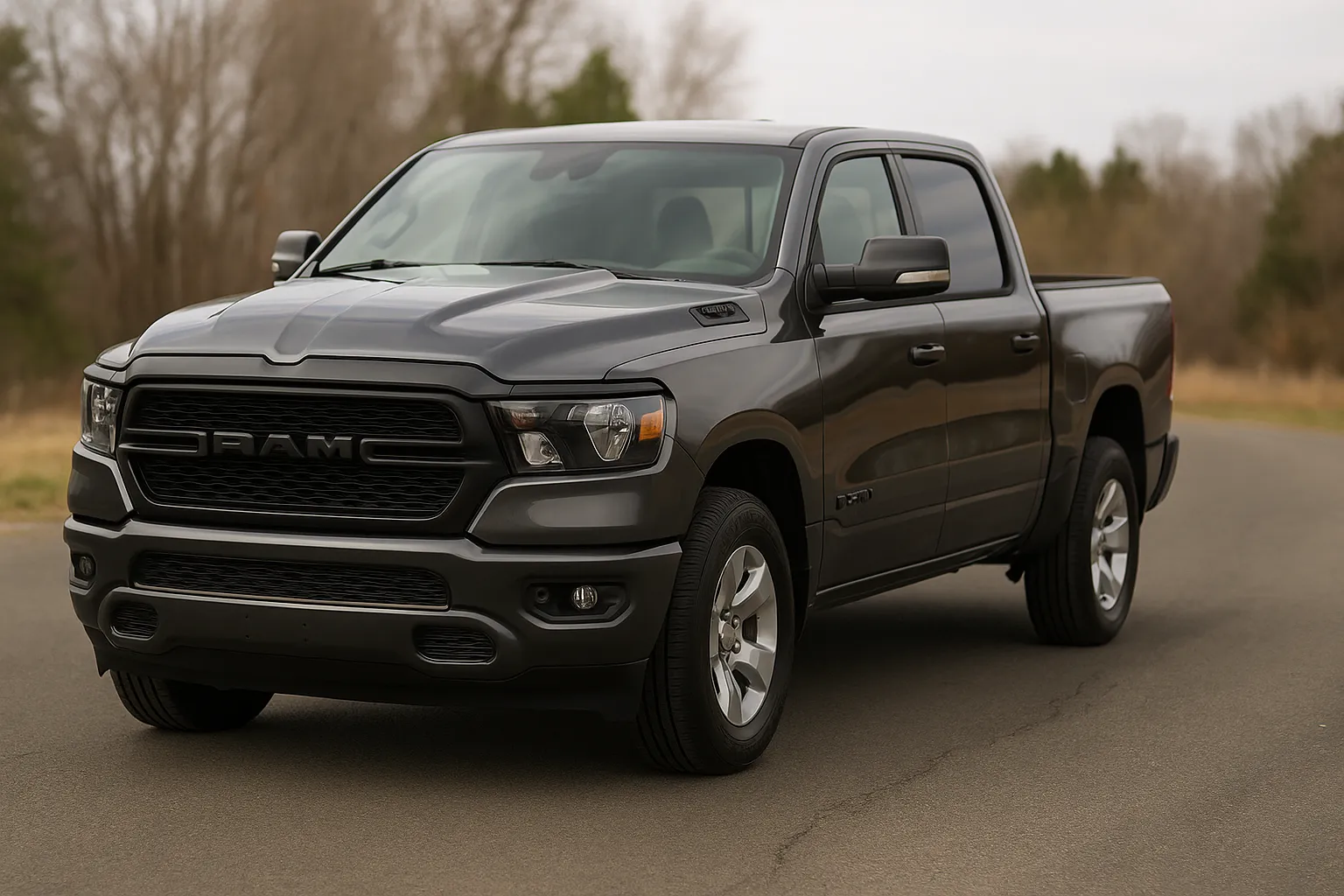 Ein Ram-1500-Pickup-Truck eines späten Modelljahrs fährt auf einer asphaltierten Straße, sichtbar in vorderer Dreiviertelansicht