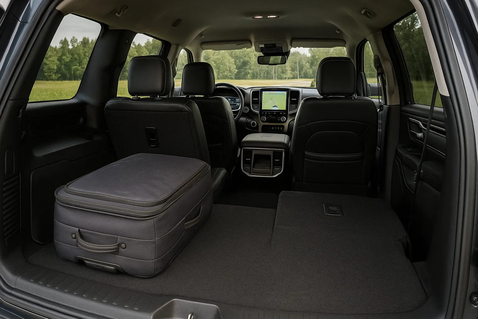 Ram-Pick-up-Trucks auf einem Händlerparkplatz, mit sichtbaren Heavy-Duty- und Light-Duty-Modellen, unterstützendes Bild 1