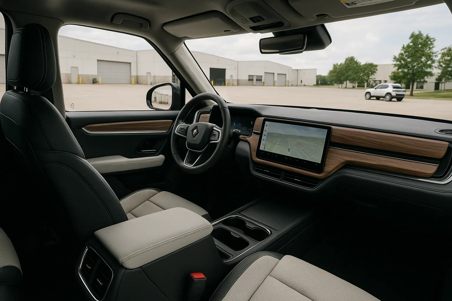 Rivian R1T and R1S electric vehicles parked outside a modern factory building supporting image 1