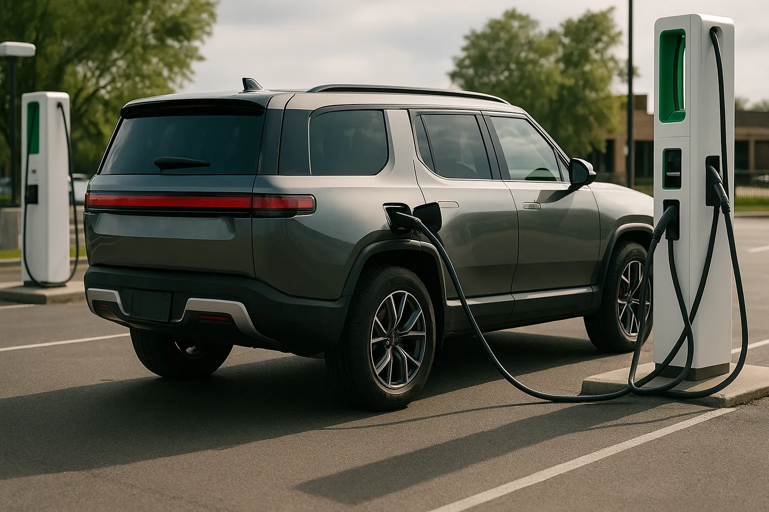 Rivian R1T and R1S electric vehicles parked outside a modern factory building supporting image 2