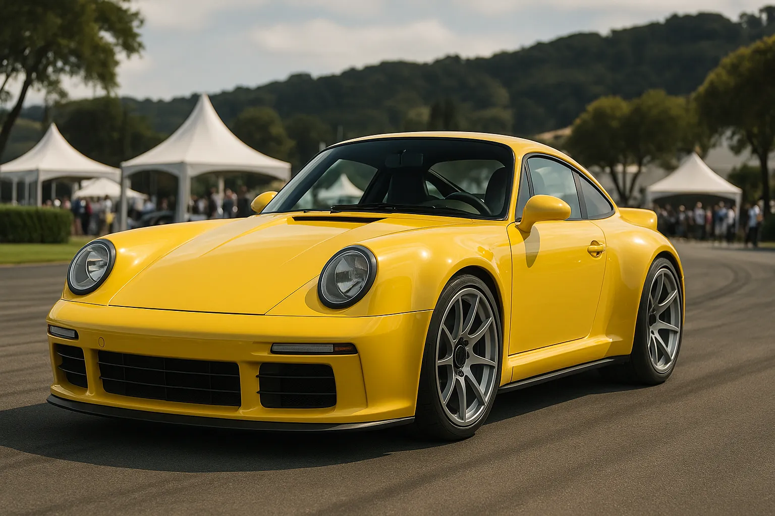 Ruf Ehra als breiter Sportwagen im 911-Stil auf einer Präsentationsfläche bei Tageslicht