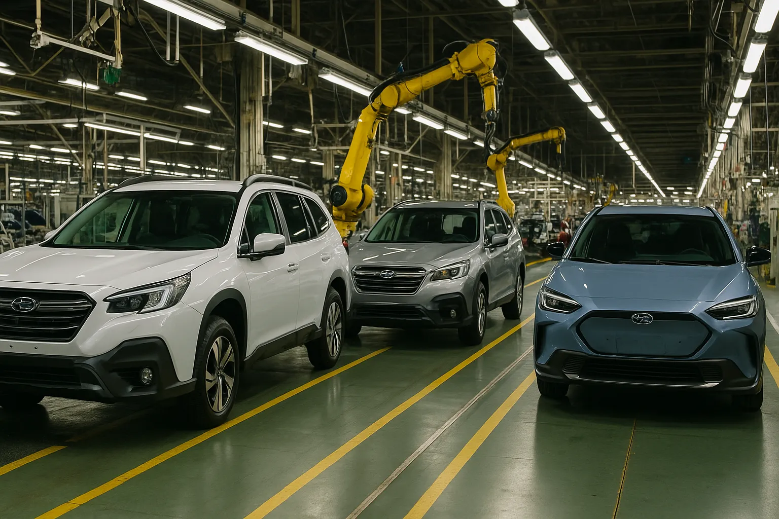 Subaru-Fahrzeuge fahren durch eine Automobil-Montagelinie, während Arbeiter Autos inspizieren