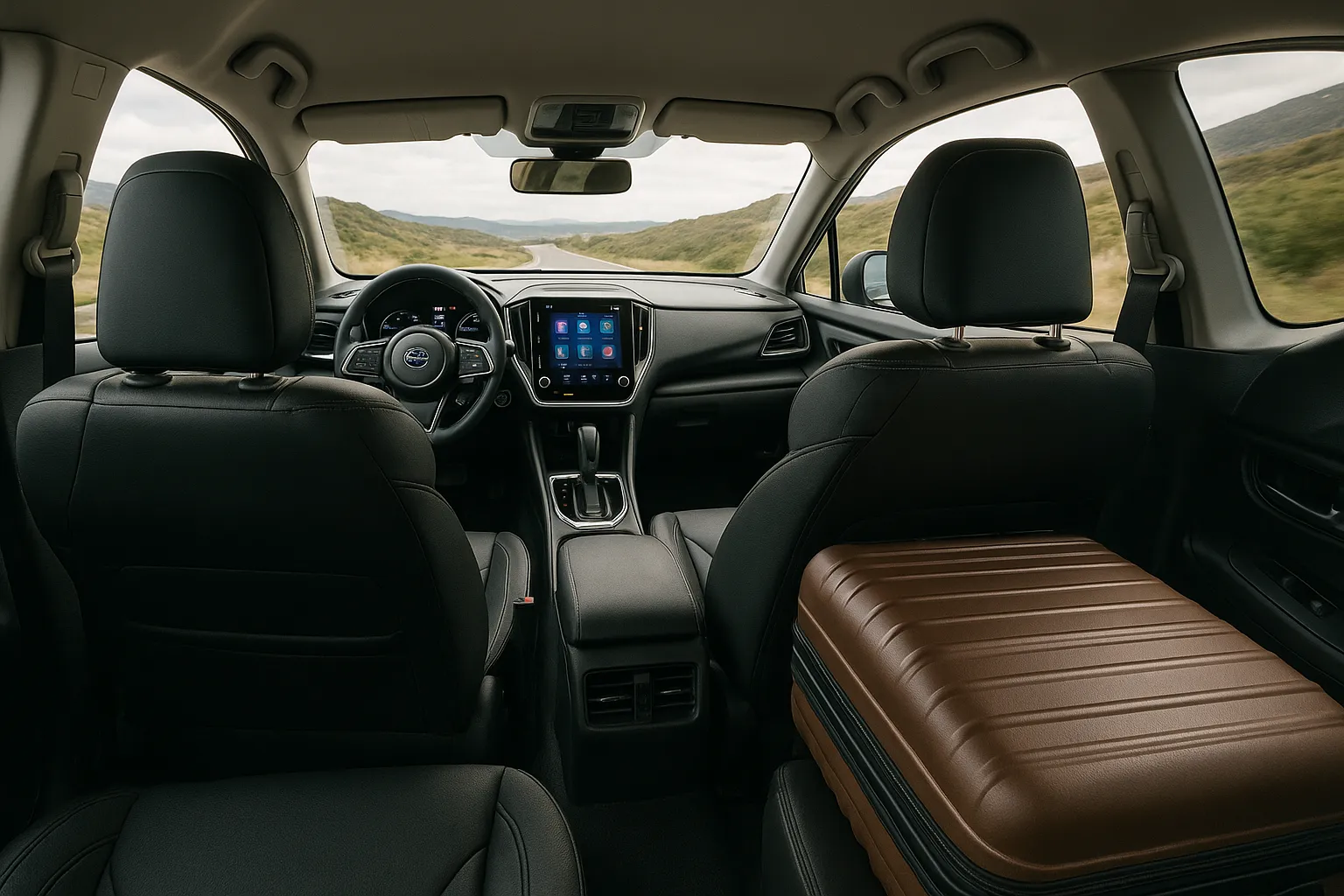 Subaru-Fahrzeuge fahren durch eine Automobil-Montagelinie, während Arbeiter Autos inspizieren, unterstützendes Bild 1