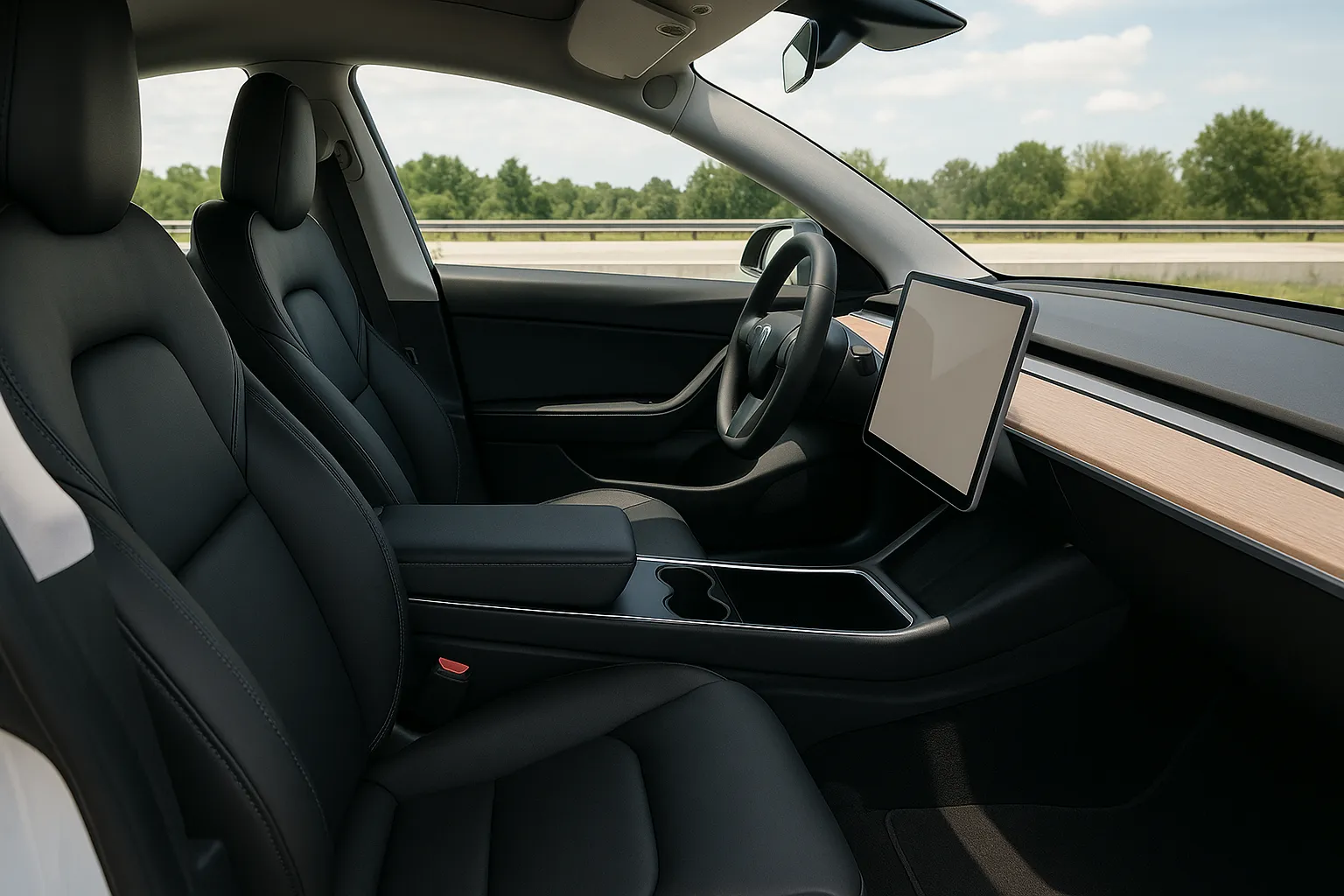 Tesla Model 3 driving on a highway with lane markings and traffic ahead supporting image 1