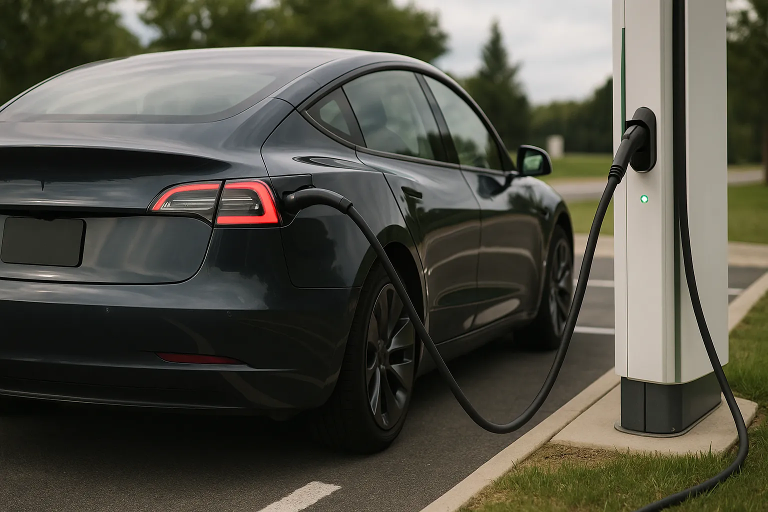 Tesla Model 3 driving on a highway with lane markings and traffic ahead supporting image 2