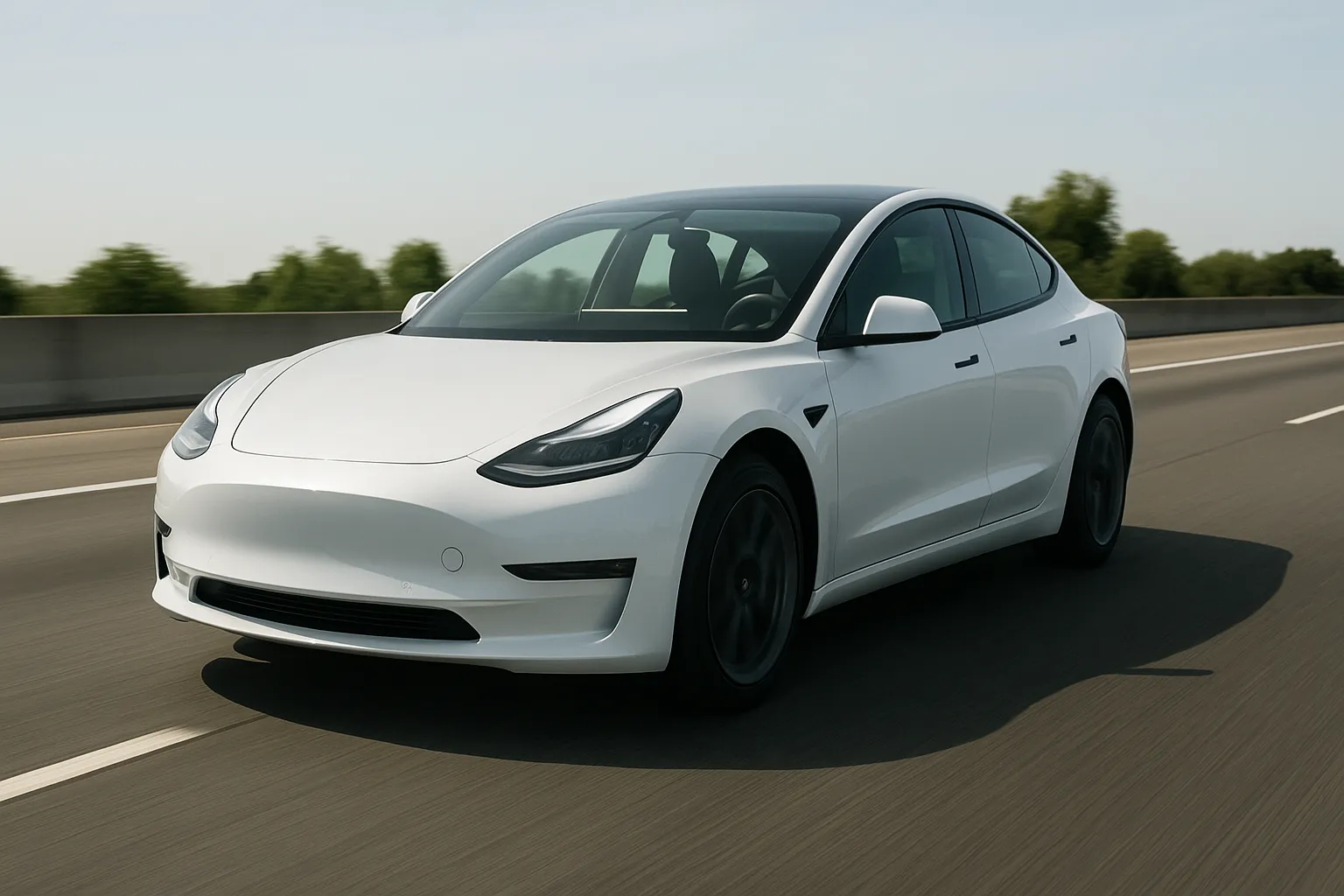 Tesla Model 3 fährt auf einer Autobahn mit Fahrbahnmarkierungen und Verkehr voraus