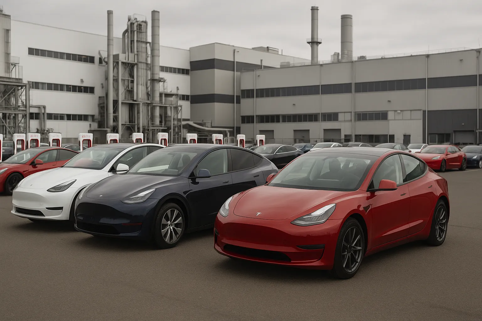Tesla-Elektrofahrzeuge stehen bei Sonnenuntergang vor einem modernen Montagewerk aufgereiht