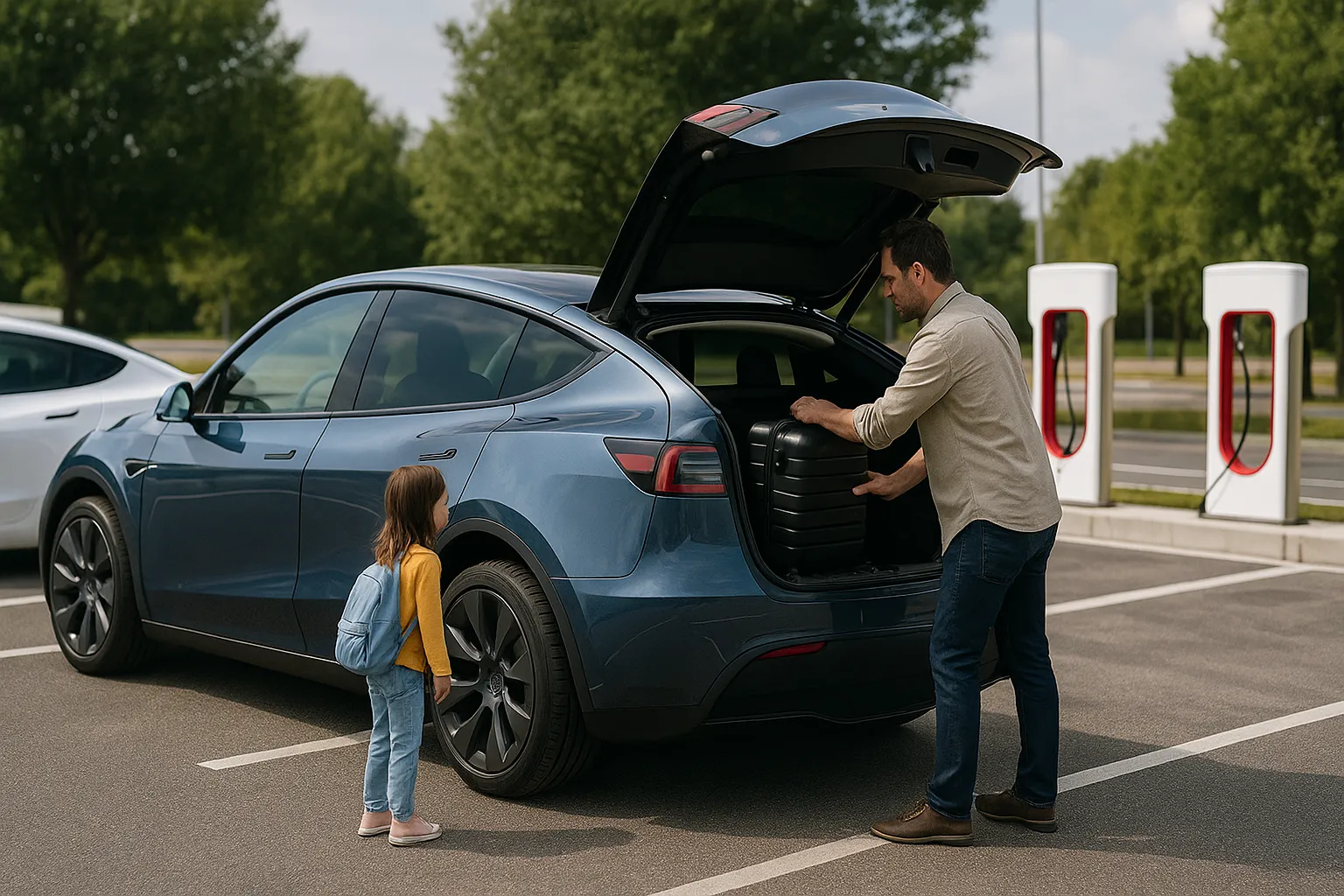 Tesla-Elektrofahrzeuge stehen bei Sonnenuntergang vor einem modernen Montagewerk aufgereiht, unterstützendes Bild 2