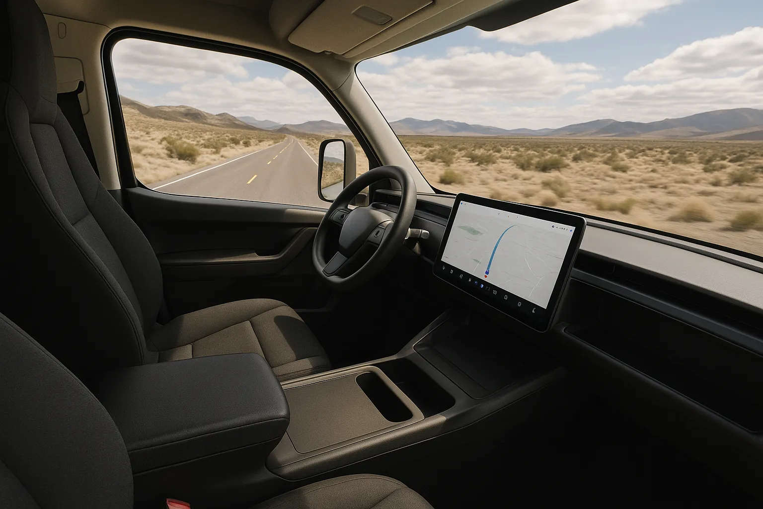Ein elektrischer Class-8-Lkw Tesla Semi fährt auf einer Autobahn mit Wüstenbergen im Hintergrund, unterstützendes Bild 1