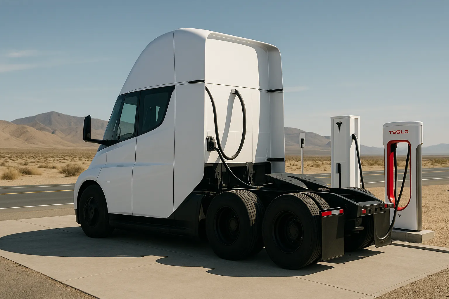 Ein elektrischer Class-8-Lkw Tesla Semi fährt auf einer Autobahn mit Wüstenbergen im Hintergrund, unterstützendes Bild 2