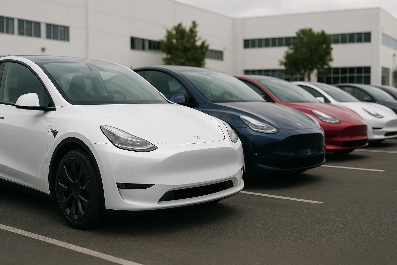 Reihen von Tesla-Elektrofahrzeugen, die vor einem Auslieferungszentrum geparkt sind und auf die Abholung durch Kunden warten